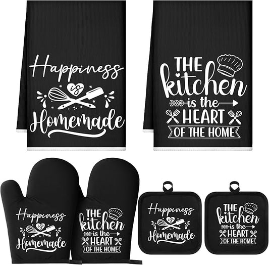 Sratte 6 Pcs Kitchen Decor Accessories Set Farmhouse Towels Pot Holders Oven Mitts Set 2 Dish Towels 2 Potholders 2 Cooking Mittens Oven Glove for Christmas Baking Cooking Supply(Black,Kitchen) by Sratte