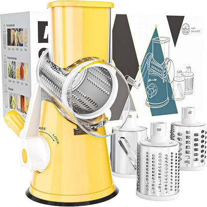 Cambom Rotary Cheese Grater Hand Crank Cheese Shredder for Fresh Cheese, Vegetable, Nuts,Non-slip Suction Base, Free Cleaning Brush Three Blades,Yellow by Cambom
