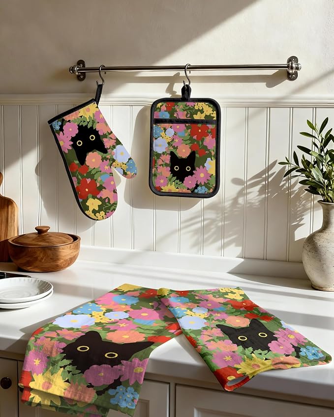 Miss Adola 270 GSM Cotton Kitchen Towels, Oven Mitt and Pot Holder - 4 Pack Kitchen Decor and Accessories Set Spring Cute Farmhouse Boho Quilted Lining Heat Resistant Set with Hanging Loop, Cat Flower - Image 2