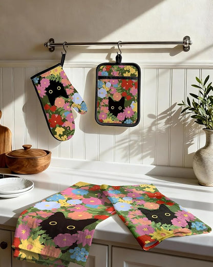 Miss Adola 270 GSM Cotton Kitchen Towels, Oven Mitt and Pot Holder - 4 Pack Kitchen Decor and Accessories Set Spring Cute Farmhouse Boho Quilted Lining Heat Resistant Set with Hanging Loop, Cat Flower - Image 2