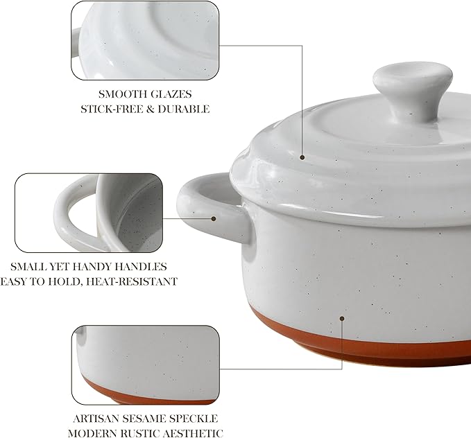 MALACASA Mini Cocotte Set - 12 OZ Ramekins with Lids and Handles, Small Casserole Dishes for Oven, Ceramic Small Baking Dish Set of 4, Microwave & Dishwasher Safe, Khaki Grey, Series TARA - Image 5
