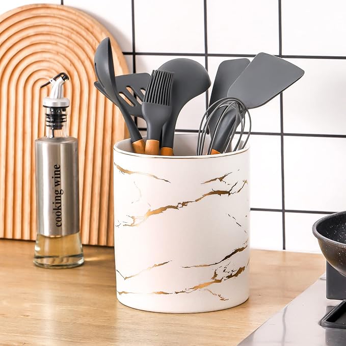 7" Marble Utensil Holder, Large Kitchen Utensil Holder Organizer , Golden Marble White Stable Utensil Crock Spatula Holder for Kitchen Counter Countertop Farmhouse Cooking Tools Holder - Image 2