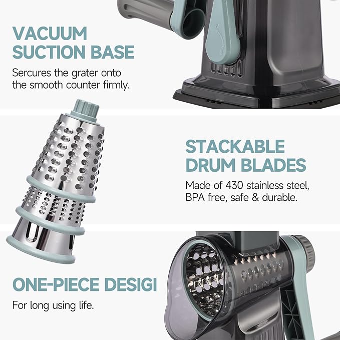 Rotary Cheese Grater with Handle Kitchen Shredder Slicer Grater Slicer Ice Shaver Cheese Vegetable Nuts Potato Zucchini Chocolate 3 Interchangeable Blades (GreyBlue) - Image 6