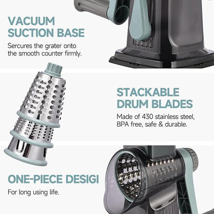 Rotary Cheese Grater with Handle Kitchen Shredder Slicer Grater Slicer Ice Shaver Cheese Vegetable Nuts Potato Zucchini Chocolate 3 Interchangeable Blades (GreyBlue) - Image 6
