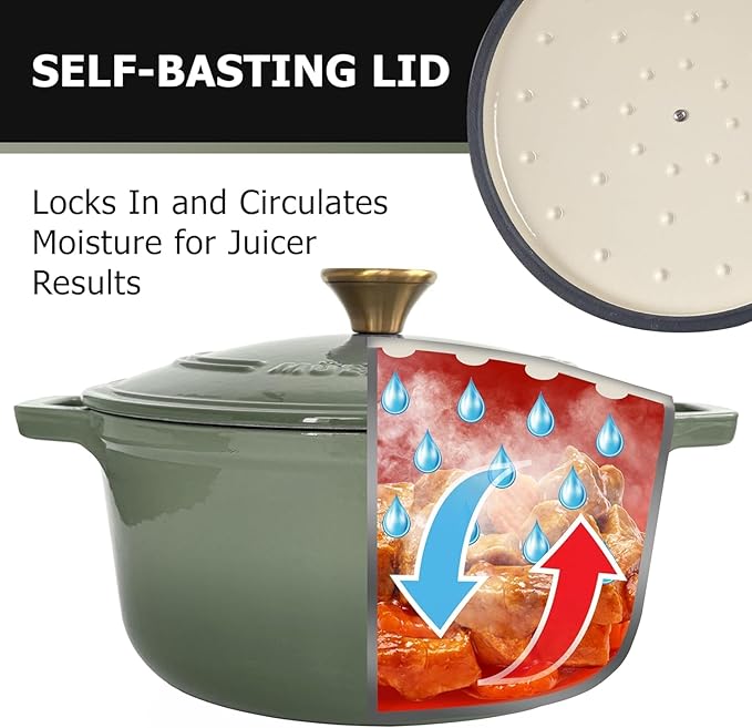 MUELLER HOME 4.5 Quart Enameled Cast Iron Dutch Oven For Sourdough Bread Baking, Heavy-Duty, Oven-Safe up to 500° F & Across All Cooktops, Casserole Dishes, Green Kitchen Accessories, Thyme Green - Image 3
