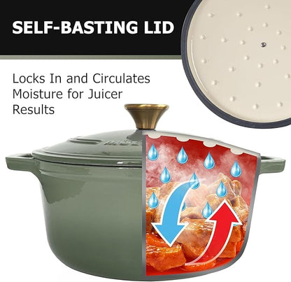 MUELLER HOME 7.5 Quart Enameled Cast Iron Dutch Oven For Sourdough Bread Baking, Heavy-Duty, Oven-Safe up to 500° F & Across All Cooktops, Casserole Dishes, Green Kitchen Accessories, Thyme Green - Image 3