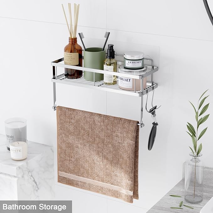 ESOW Paper Towel Holder with Shelf Storage, Adhesive Wall Mount 2-in-1 Basket Organizer for Kitchen & Bathroom, Durable Metal Wire Design, Stainless Steel 304 Brushed Nickel Finish - Image 4