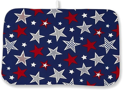 4th of July Dish Drying Mat 18x24 Inch Navy Blue Red Stars Patriotic Decor Drying Mat Independence Day Memorial Day Absorbent Dish Drying Pad Dish Rack Drainer Mats for Kitchen Dining Counter
