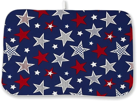 4th of July Dish Drying Mat 18x24 Inch Navy Blue Red Stars Patriotic Decor Drying Mat Independence Day Memorial Day Absorbent Dish Drying Pad Dish Rack Drainer Mats for Kitchen Dining Counter