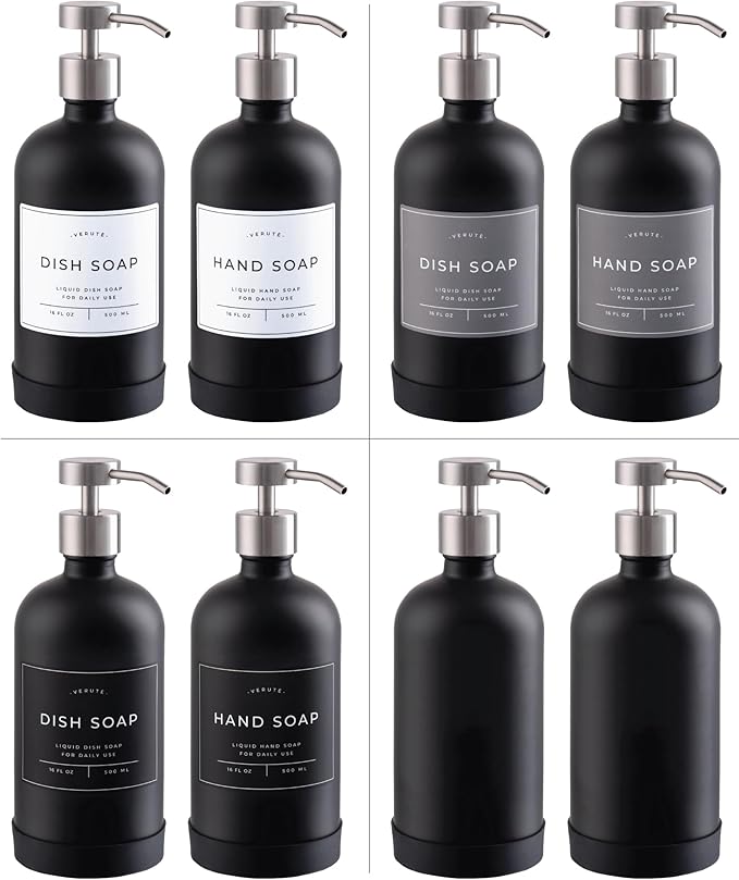 Hand and Dish Soap Dispenser for Kitchen and Bathroom, Set of 2 16 Oz Glass Bottles, Stainless Steel Pumps, Non-Slip Silicone Base, 27 Waterproof Labels (Matte Black Bottle/Brushed Silver Pump) - Image 5