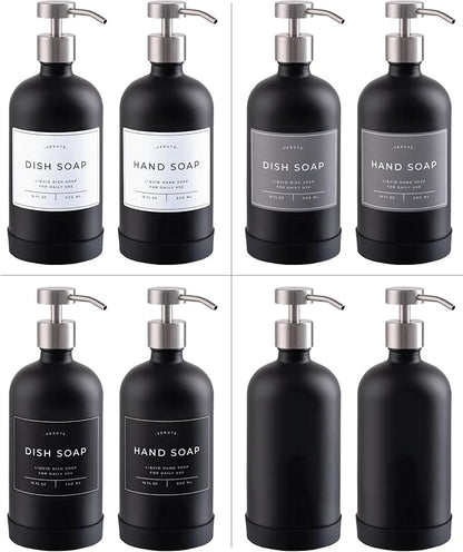 Hand and Dish Soap Dispenser for Kitchen and Bathroom, Set of 2 16 Oz Glass Bottles, Stainless Steel Pumps, Non-Slip Silicone Base, 27 Waterproof Labels (Matte Black Bottle/Brushed Silver Pump) - Image 5