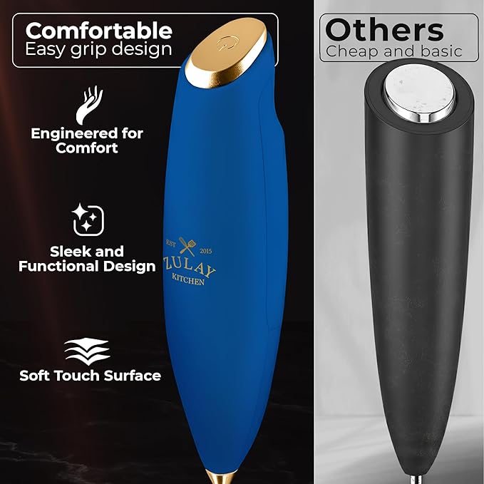 Zulay Kitchen Patented Tornado Triple Whisk Milk Frother with 4 Duracell Batteries – Handheld Foam Maker for Coffee, Lattes, Matcha & Hot Chocolate – Rich, Creamy Froth in Seconds - Navy Blue & Gold - Image 4