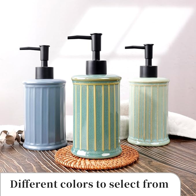 Soap Dispenser, Ceramic Liquid Hand Dish Soap Dispenser 11.84OZ, Hand Lotion Dispenser for Kitchen Bathroom Shower, Refillable, Dark Green, ANTIS'S HOME