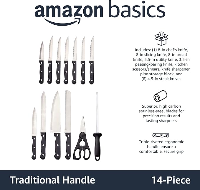 Amazon Basics 14-Piece High Carbon Stainless Steel Kitchen Knife Set with Full Tang Construction, Ergonomic Handles, Sharpener and Pinewood Block, Black - Image 2