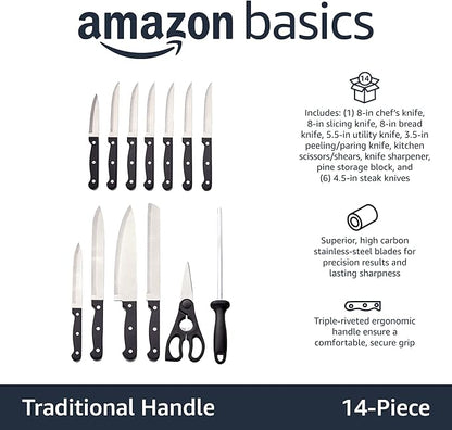 Amazon Basics 14-Piece High Carbon Stainless Steel Kitchen Knife Set with Full Tang Construction, Ergonomic Handles, Sharpener and Pinewood Block, Black - Image 2