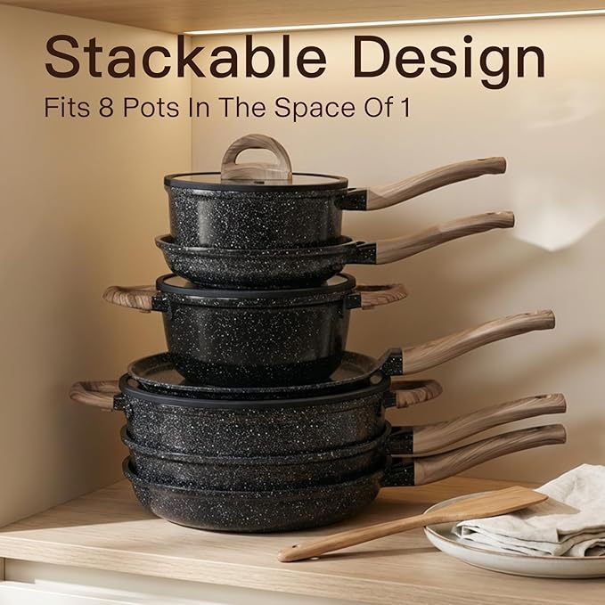 Pots and Pans Set Nonstick 22 Pcs, Ceramic cookware set Non-Toxic Coating Inky Granite Kitchen Cookware Set, Induction Kitchen Cooking Set w/Frying Pans, Saucepans & Glass Lids, PFOS & PFOA Free - Image 9