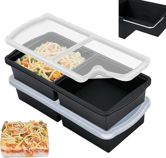 ZIP STANDING Silicone Freezer Trays with Lid,2-cup Soup Freezer Container large Ice Cube Molds with Reinforced Steel Ring Top for freezing Soup Sauce Broth Leftovers oven Dishwasher -Safe (black)