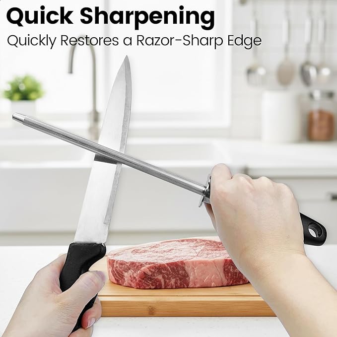 Kitchen Knife Sharpener Rod, Fast Sharpening Professional Blade Sharpener Carbon Steel, Chrome Plated Honing Rod With Hanging Hole, Black 8 Inch - Image 4