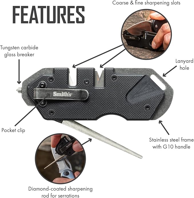 Smith’s Pocket Pal Tactical Knife Sharpener - 2 Stage Sharpener & Diamond Sharpening Rod - Pocket Clip - Outdoor Hunting Knife & Hook Sharpener - Compact & Lightweight - Image 3