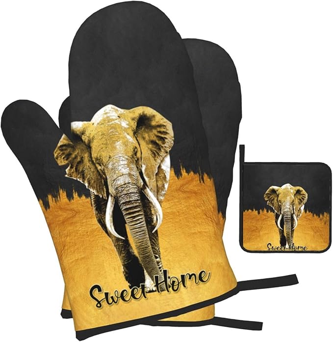 Elephant Oven Mitts and Pot Holders Sets of 3 Black Gold Hot Pads Oven Gloves Heat Resistant Non Slip Washable for Kitchen Cooking Grilling Baking - Image 2