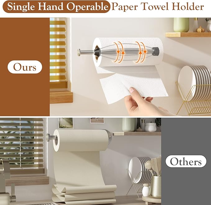 2 Pack Paper Towel Holder Under Cabinet + 2 Towel Robe Hook, Single Hand Operable Under Cabinet Paper Towel Holder, Adhesive Wall Mount Paper Roll Holder for Bathroom Kitchen(Silver) - Image 3