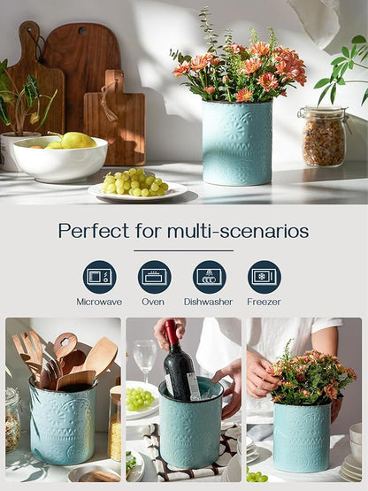 DOWAN 7.2" Kitchen Utensil Holder, Extra Large Farmhouse Utensil Holders for Countertop, Ceramic Utensil Crock, Anti Slip Cork Bottom - Image 3