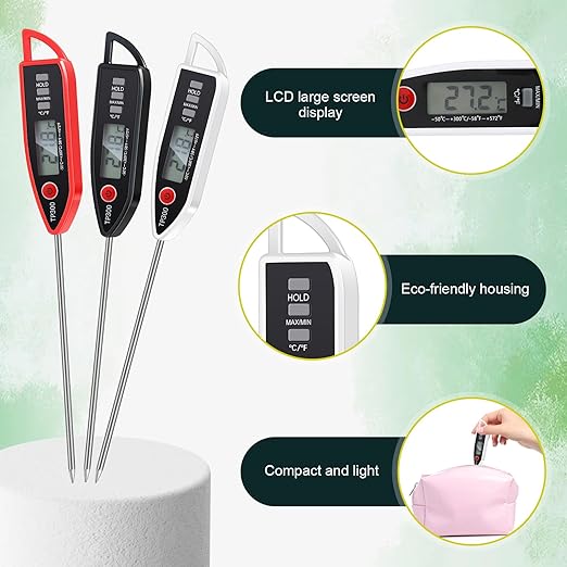 Copkim 3 Pcs Instant Read Meat Thermometer with Long Probe 9.65 Inch Kitchen Cooking Food Candy Waterproof Digital Thermometer for BBQ Water Milk Yogurt Liquid (Pointed,Black,White,Red) - Image 3