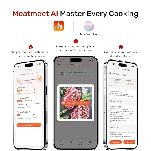 Wireless Bluetooth Meat Thermometer Digital, Smart AI Powered Cooking Thermomer with APP Control, IP69 Waterproof Meat Probe for BBQ, Oven, Grill, Smoker (S Pro)