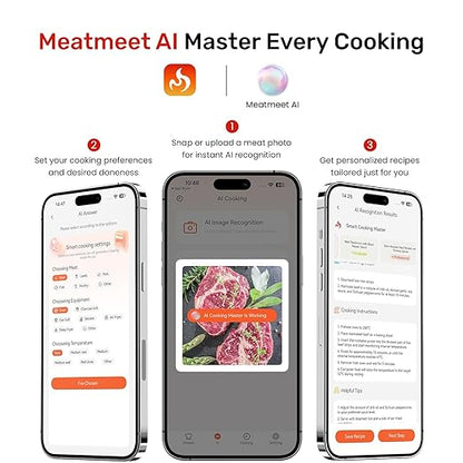 Wireless Bluetooth Meat Thermometer Digital, Smart AI Powered Cooking Thermomer with APP Control, IP69 Waterproof Meat Probe for BBQ, Oven, Grill, Smoker (S Pro)
