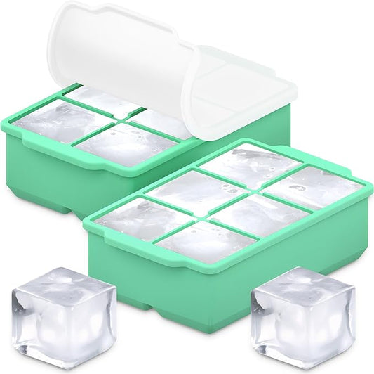 KitchFort Large Silicone Ice Cube Tray (2-Pack), Easy Release 2" Big Ice Cubes - Cocktail, Whiskey Ice Cubes Mold - Ice Trays for Freezer with Lid - Stackable Silicone Ice Tray - Green by KitchFort