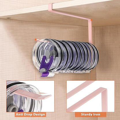 2 Pack Tumbler Lid Organizer, Horizontal Tumbler Lid Storage Hook to Hold Up 20 Lids, Space Saving Cup Lid Holders Under Cabinet Tumbler Lid Hook for Kitchen Organizer, Paper Towel Rack Hanger (Pink) - Image 4