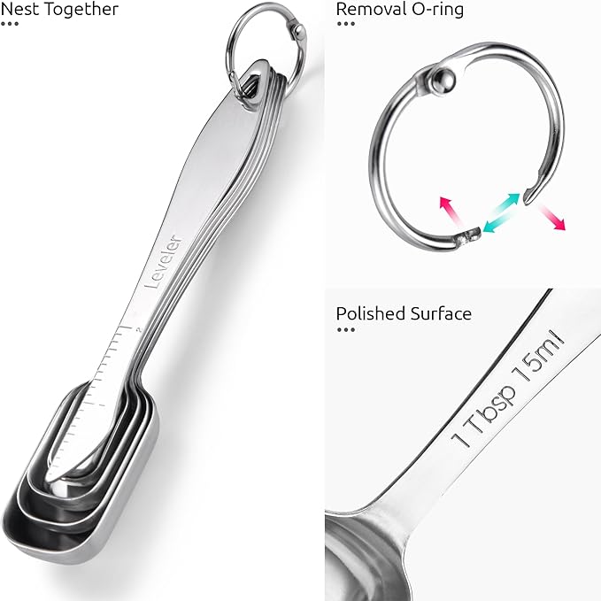 U-Taste Narrow Square Measuring Spoons: 18/8 Stainless Steel Kitchen Measure Teaspoon Tablespoon with Leveler, Polygon Rectangular Metal Jar Scoop for Baking Cooking, Coffee, Spice, Powder (Set of 6) - Image 6