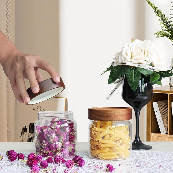 16 oz Glass Jars with Acacia Wood Airtight Lids Spice Jar Herb Storage Canister with Wooden Lid Clear Glass Food Jar for Sugar Pantry Tea Coffee Bean Spice Cookies (500ml/16oz-2pack) - Image 5