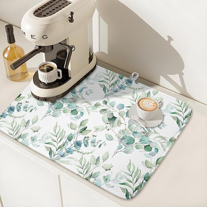 Sage Green Leaves Dish Drying Mats for Kitchen Counter 18x24 Inch, Leaves Kitchen Drying Mat,Watercolor Herbs Dishes Pad Dish Drainer Rack Mats Absorbent Fast Dry Kitchen Accessories