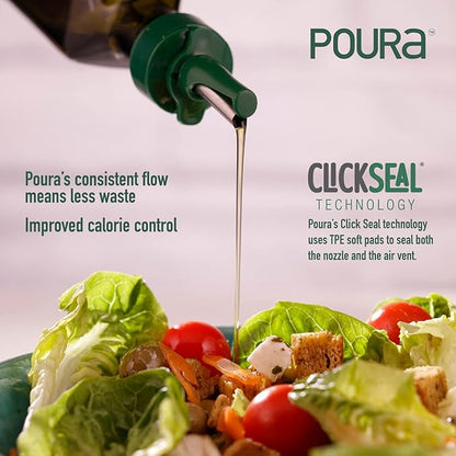 Poura Glass Olive Oil Bottle Drizzler with Pourer Spout - BPA Free Hygienic Open and Close Pourer Prevents Oxidation Keeping Olive Oil Fresh - Includes Funnel for No Mess Or Wastage