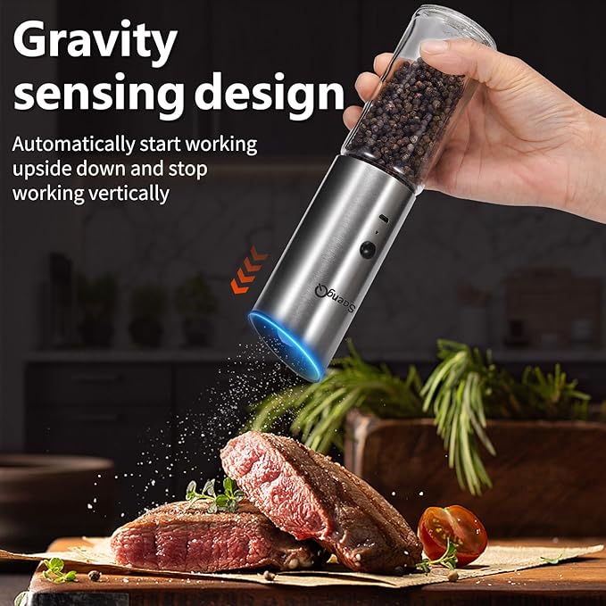 Electric Salt and Pepper Grinder Set - USB Rechargeable Gravity Salt and Pepper Shakers, Automatic Glass Mill with Adjustable Coarseness, LED Light, One-Hand Operation for Kitchen & Dining - Image 4
