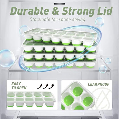 ChefAide Ice Cube Tray with Lid and Bin, 4 Packs 56 Cubes Silicone Plastic Ice Cube Trays for Freezer, Stackable Ice Tray with Container, Ice Scoop,Ice Tong for Drinks, Coffee and Cocktails Green