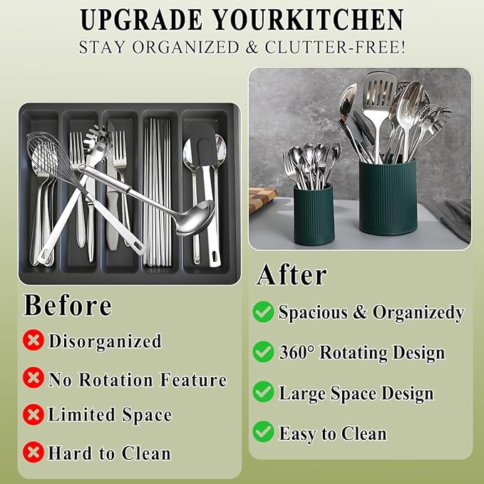 HOMQUEN 360° Rotating Utensil Holder, 6.3''+4.7'' Plastic Kitchen Utensil Holder for Countertop, Large Cooking Utensil Crocks for Kitchen Decor, Utensil Organizer for Spatula, Set of 2 (Green) - Image 4