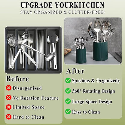 HOMQUEN 360° Rotating Utensil Holder, 6.3''+4.7'' Plastic Kitchen Utensil Holder for Countertop, Large Cooking Utensil Crocks for Kitchen Decor, Utensil Organizer for Spatula, Set of 2 (Green) - Image 4