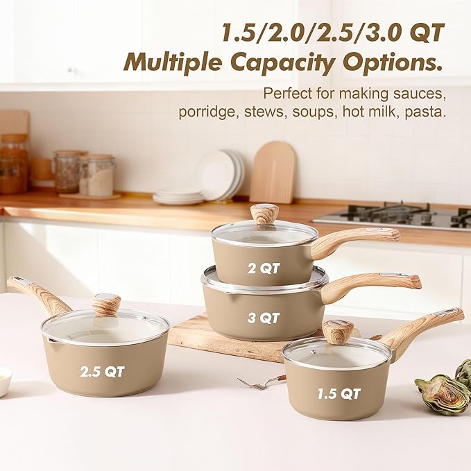 SENSARTE 1.5 & 2.5 Quart Ceramic Sauce Pan Sets with Lid, Cooking Pots Set, Nonstick Saucepan Set with Pour Spout, Small Kitchen Pot, Non toxic Saucepot, Induction Comptable, PFOA PTFE PFAS Free - Image 3