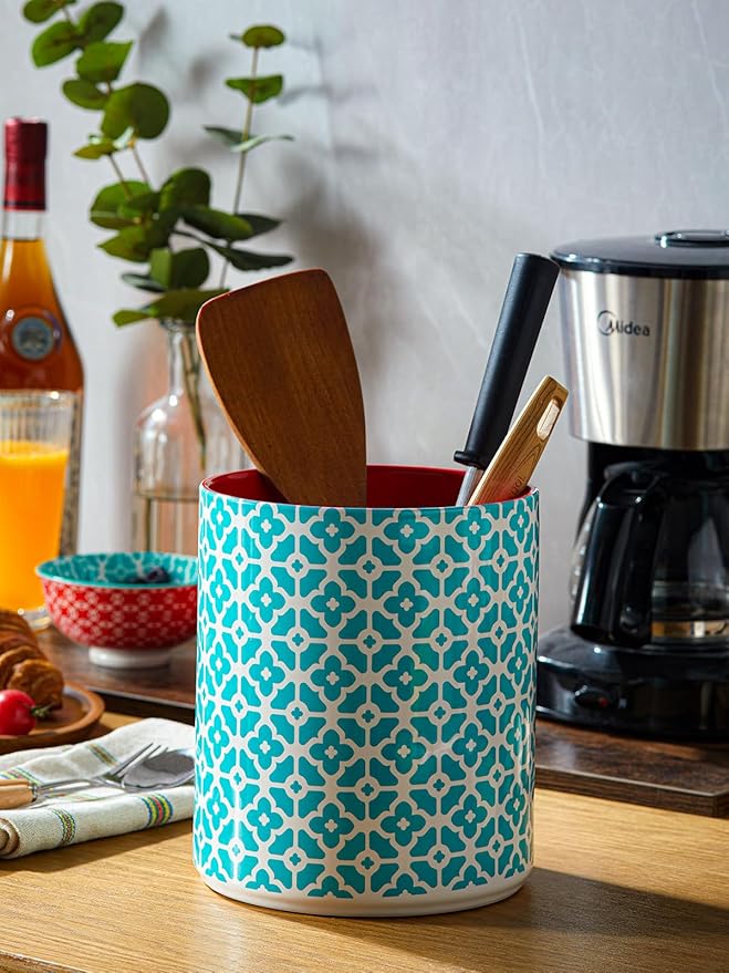 DOWAN Colorful Large Utensil Holder, 7.2" x 6.2" Ceramic Kitchen Utensil Holder for Countertop, Vibrant Patterned Utensil Crock with Protection Cork Mat, Utensil Caddy for Housewarming & Wedding Gift - Image 3