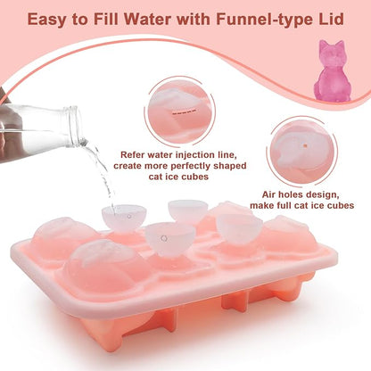 3D Cat Ice Cube Mold Silicone Large Ice Cube Tray with Lid for Cocktail Whiskey Bourbon, Fun Shapes Ice Cube Trays for Freezer, Big Ice Molds Cute Cat Gifts for Women Cats Lovers