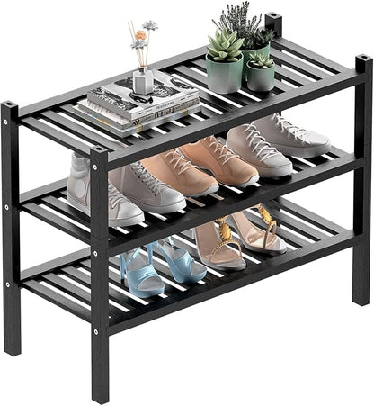 ROMGUAR CRAFT 3 Tier (Thick) Bamboo Shoe Rack for Entryway, Small Wood Shoe Shelf Storage Organizer for Closet, Shoe Stand for Hallway, Stackable and Sturdy 27"x12"x21" Black by ROMGUAR+CRAFT