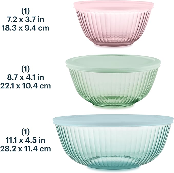 Pyrex Colors (3-Pack, Full Set) Sculpted Tinted Glass Mixing Bowls With Plastic Lids, Nesting Space Saving Set of Bowls For Prepping and Baking, 1.3QT, 2.3QT & 4.5Q, (Pink, Green, Aqua) - Image 2