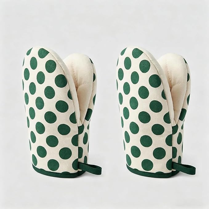 1 Pair Mini Oven Mitts,High Heat Resistant Oven Gloves,Kitchen Short Oven Mit with Hanging Loop for BBQ, Baking, Cooking and Grilling, (dotGreen) by CoekMoed