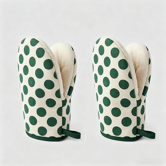 1 Pair Mini Oven Mitts,High Heat Resistant Oven Gloves,Kitchen Short Oven Mit with Hanging Loop for BBQ, Baking, Cooking and Grilling, (dotGreen) by CoekMoed