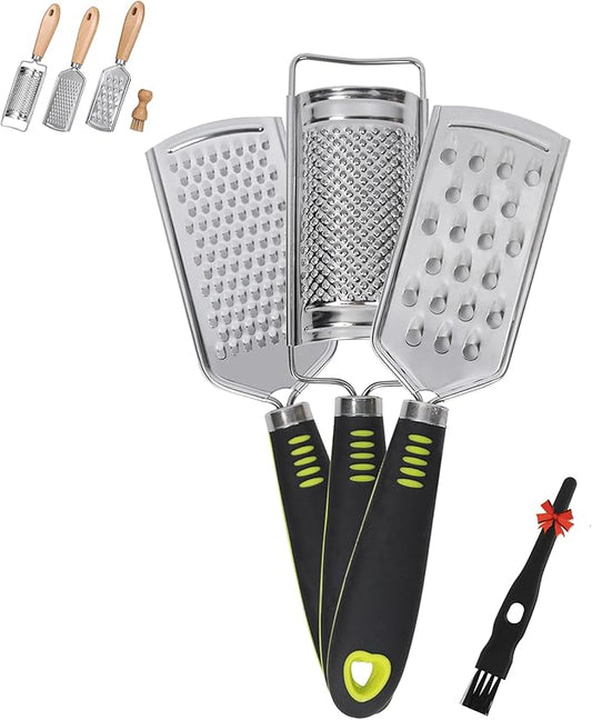 Handheld Cheese Grater Set for Kitchen Stainless Steel Mini Cheese Grater with Handle Lemon Zester with Cleaning Brush for Cheese Vegetable Fruit Chocolate (Black Handle) by beardo decor by BeardoDecor