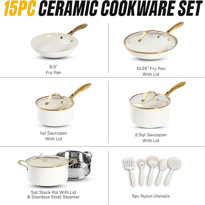 Gotham Steel 15 Pc Ceramic Cookware Set, Ceramic Pots and Pans Set Non Stick with Cooking Utensils and Steamer, Non Toxic PFOA PFOS Free, Premium Gold Stay Cool Handles, Oven & Dishwasher Safe - Image 2