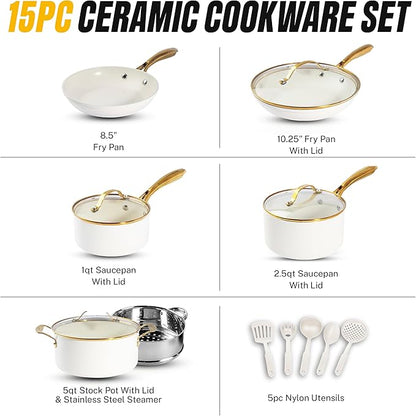 Gotham Steel 15 Pc Ceramic Cookware Set, Ceramic Pots and Pans Set Non Stick with Cooking Utensils and Steamer, Non Toxic PFOA PFOS Free, Premium Gold Stay Cool Handles, Oven & Dishwasher Safe - Image 2
