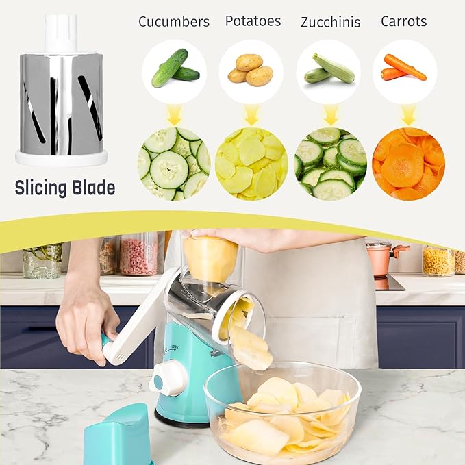 X Home Rotary Cheese Grater for Kitchen, Shredder with 3 Interchangeable Blades, Rotary Grater with Handle and Strong Suction Base, for Vegetables, Fruit, Nuts, Easy to Use and Clean, Blue - Image 3
